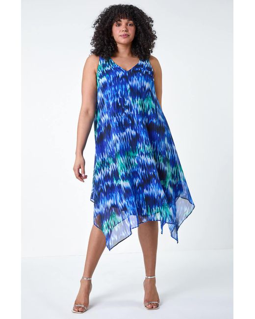 Roman Blue Originals Curve Abstract Print Chiffon Dress