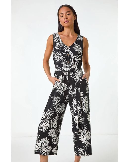 Roman Petite Black Leaf Print Cropped Jumpsuit