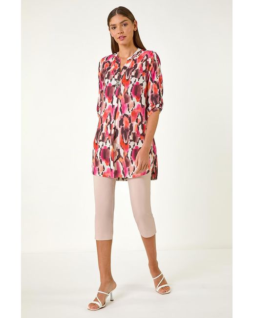 Roman Red Abstract Print V-Neck Button Top