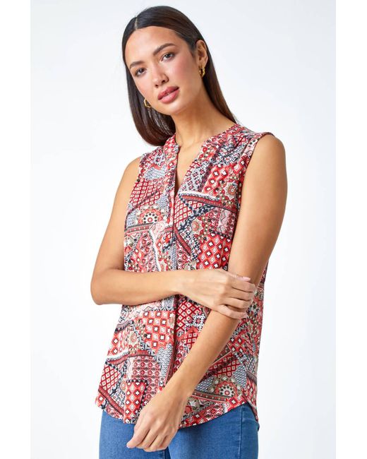 Roman Textured Patchwork Sleeveless V-Neck Top