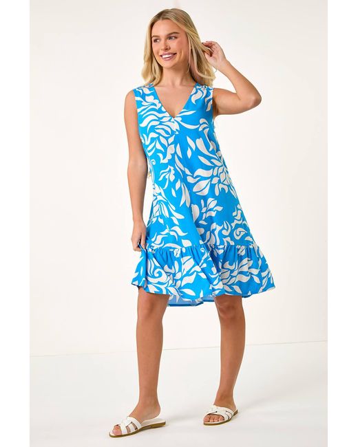 Roman Petite Blue Print Cut Out Back Tiered Dress