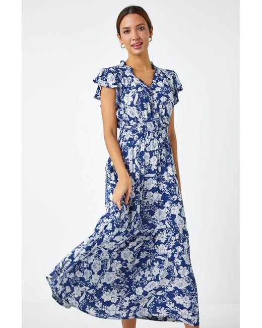 Roman Blue Floral Print Frill Detail Midi Dress