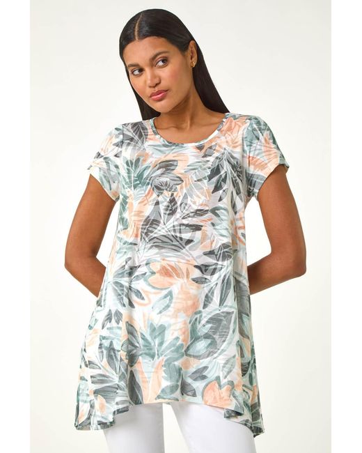 Roman White Leaf Print Hanky Hem Tunic Top