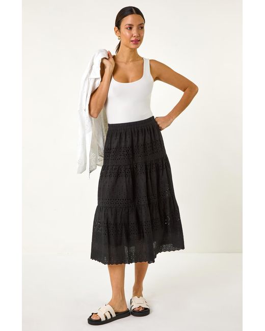 Roman Black Broderie Cotton A-Line Midi Skirt