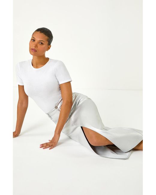 Roman White Metallic Shimmer Stretch Midi Skirt