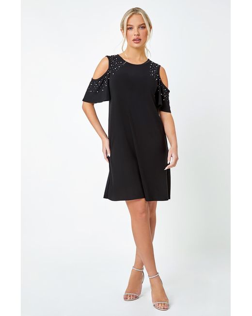 Roman Petite Black Sparkle Cold Shoulder Dress