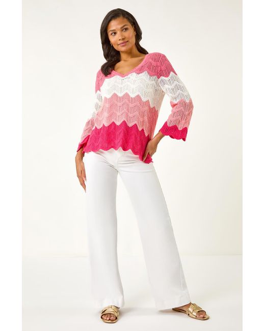 Roman Pink Colour Block Crochet Knit Jumper