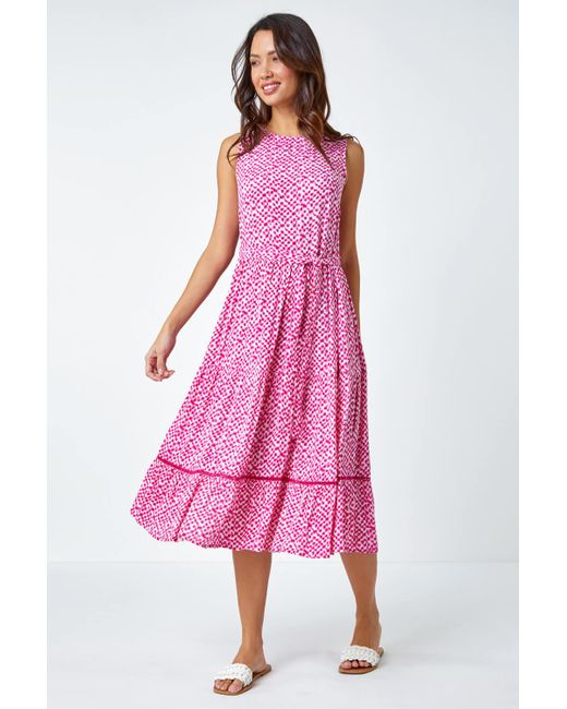 Roman Pink Sleeveless Spot Print Midi Dress