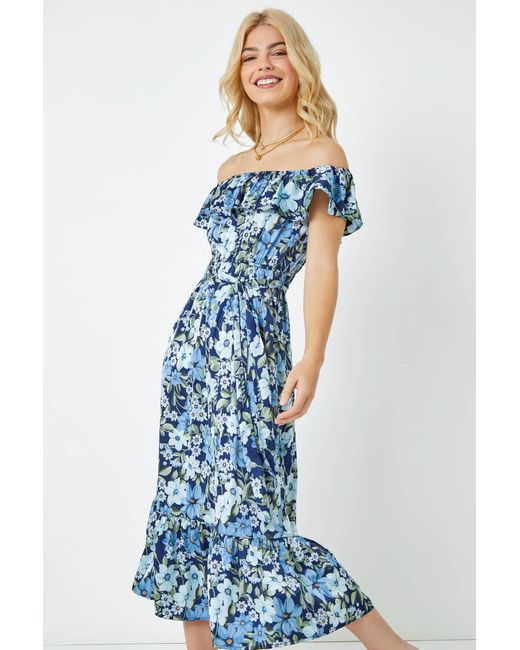 D.u.s.k Blue Chiffon Ditsy Floral Bardot Midi Dress