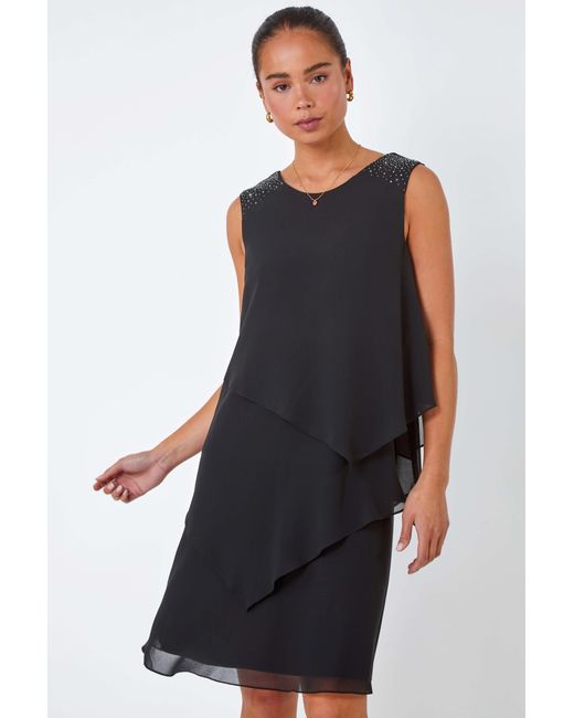 Roman Petite Black Embellished Chiffon Tiered Shift Dress