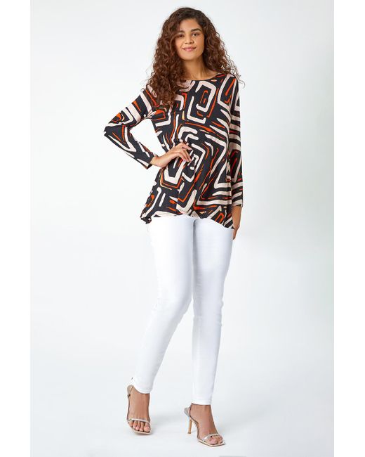 Roman White Geometric Back Detail Stretch Top