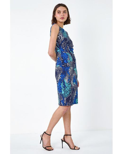 Roman Blue Textured Wave Print Shift Stretch Dress