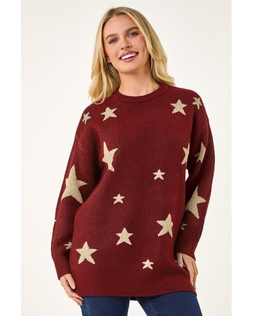 Roman Petite Red Metallic Star Knit Jumper