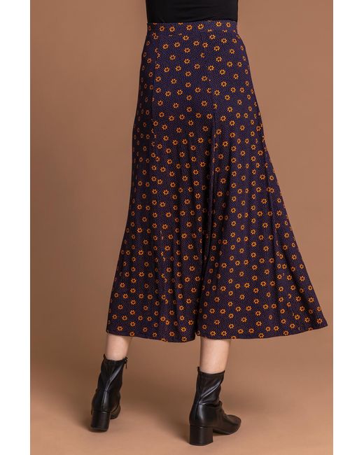 Roman Blue Daisy Dot Jersey Midi Skirt