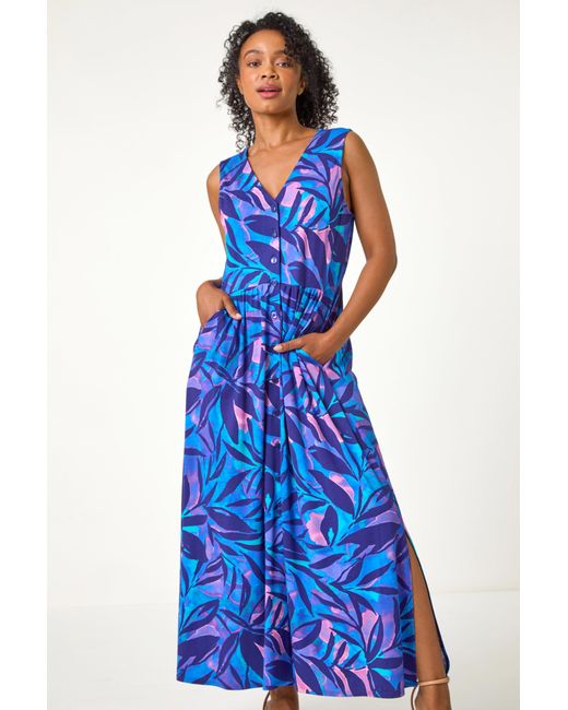 Roman Petite Blue Abstract Pocket Stretch Maxi Dress