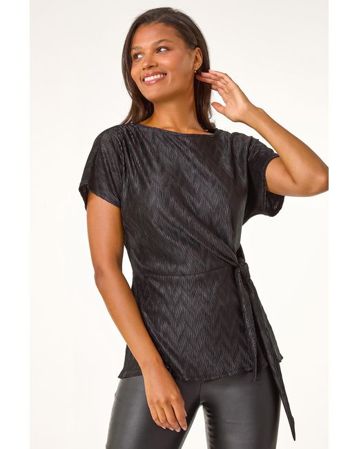 Roman Black Textured Side Tie Tunic Top