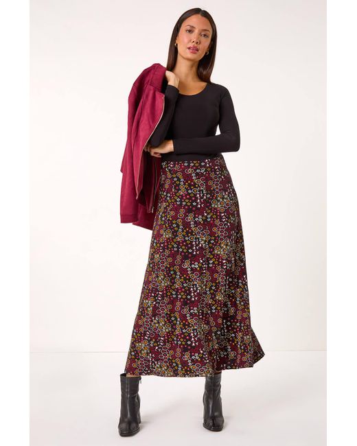 Roman Red Ditsy Floral Print Stretch Midi Skirt