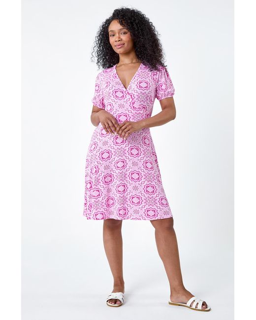 Roman Petite Pink Geo Print Stretch Wrap Dress