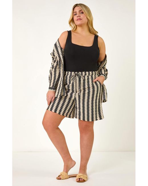 Roman Curve Black Zig Zag Tie Waist Shorts