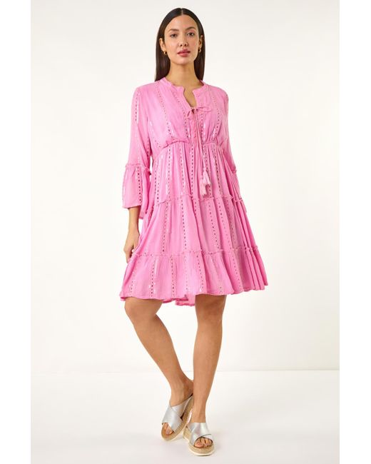 Roman Pink Shimmer Tie Detail Smock Dress