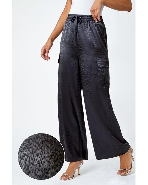 Roman Black Animal Print Satin Stretch Cargo Trousers