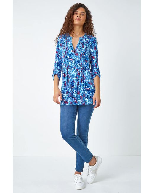 Roman Blue Abstract Spot V-Neck Pintuck Stretch Top