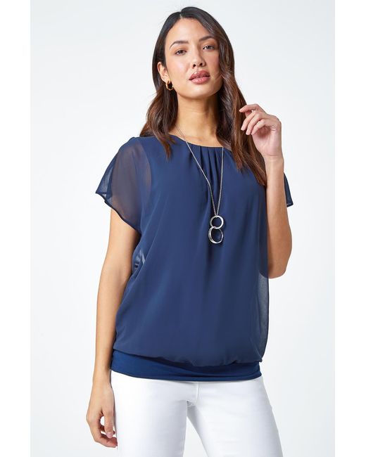 Roman Blue Chiffon Jersey Blouson Top With Necklace