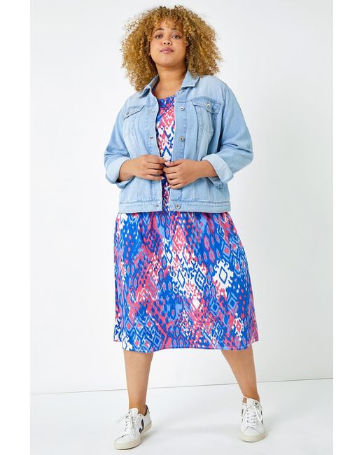 Roman Curve Blue Aztec Print Stretch Midi Dress