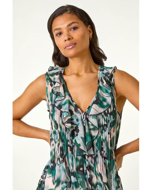 Roman Green Abstract Ruffle Front Buttoned Blouse