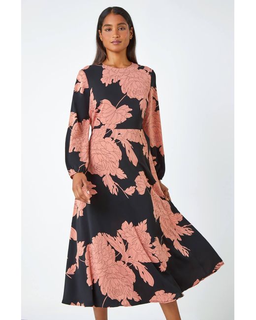 Roman Red Floral Contrast Print Midi Dress