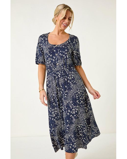 Roman Petite Blue Abstract Stretch Midi Dress
