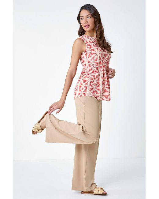 Roman Red Sleeveless Aztec Print Pintuck Shirt