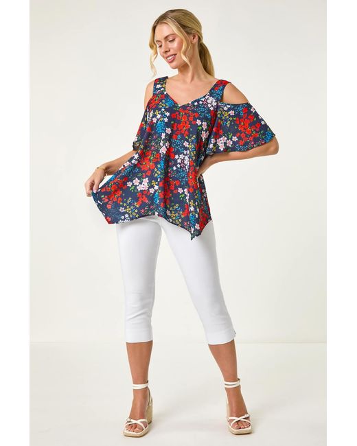 Roman Petite Blue Floral Cold Shoulder Top