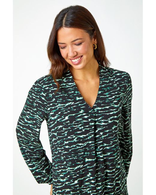 Roman Green Wave Print Pleated V-Neck Stretch Top