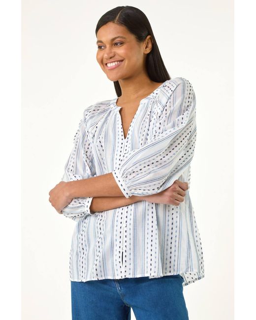 Roman White Dobby Stripe Print V-Neck Blouse