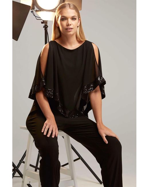 Roman Black Sequin Trim Overlay Jumpsuit