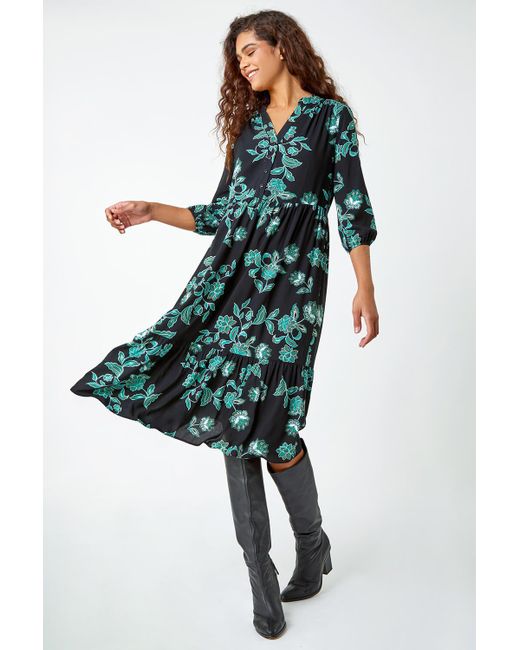 Roman Green Leaf Print Frill Hem Smock Dress