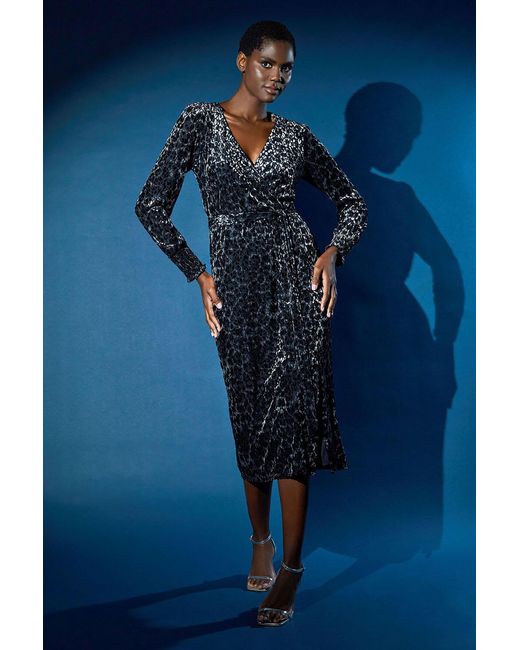 Roman Blue Leopard Print Velvet Wrap Midi Dress