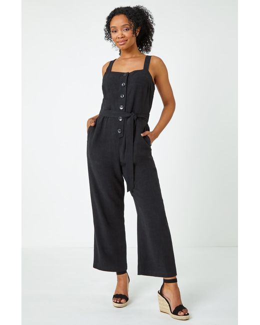 Roman Petite Black Sleeveless Linen Blend Jumpsuit