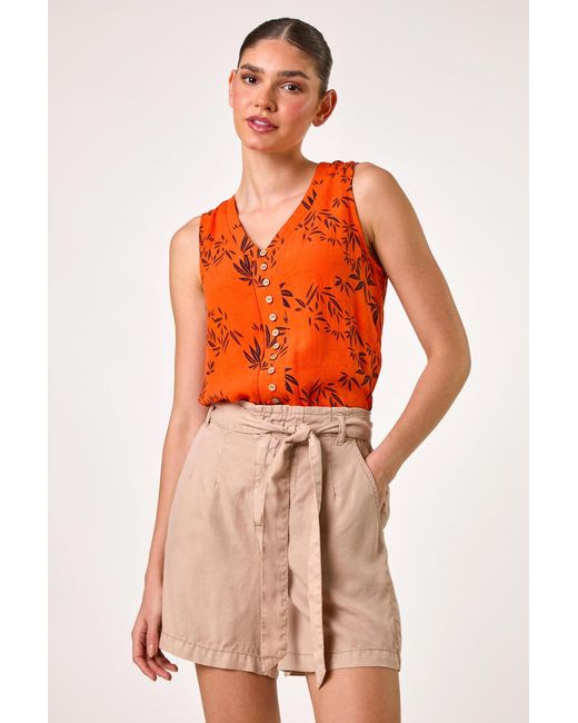 Roman Red Leaf Print Button Detail Vest Top