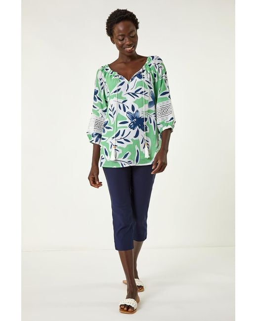 Roman Green Floral Print Tie Front Top