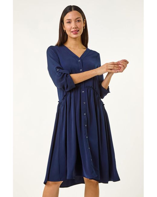 Roman Blue Satin Drop Waist Smock Dress