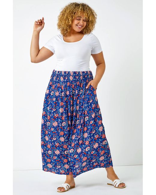 Roman Curve Blue Floral Print Elastic Waist Maxi Skirt