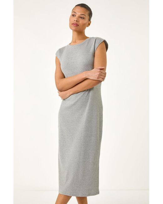 Roman White Ribbed Cap Sleeve Midi Dress