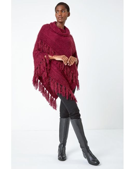 Roman Red One Size Cowl Fluffy Fringe Poncho