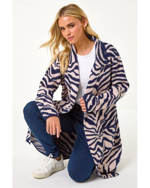 Roman Petite Blue Animal Print Knit Coatigan