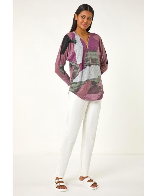 Roman Purple Brushed Print Zip Detail Top