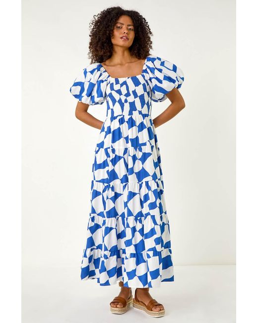 D.u.s.k Blue Geo Print Tiered Dress