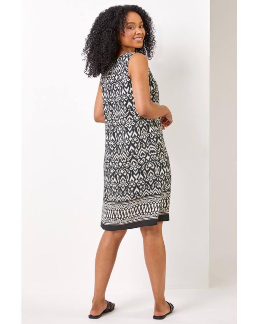 Roman Petite Black Abstract Border Print Shift Dress