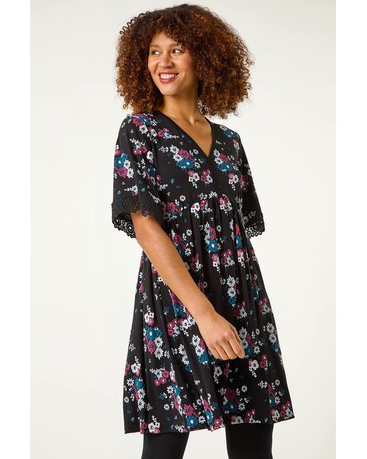 Roman Black Lace Trim Floral Dress